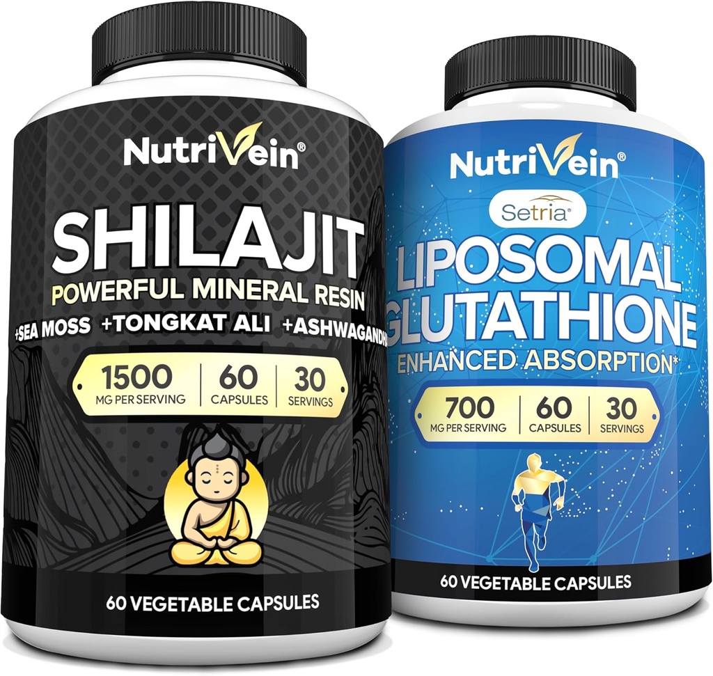 Nutrivein Premium Shilajit Capsules & Liposomal Glutathion Supplement Bundle: High- Absorption Glutathione Liposomal & Shilajit Capsules for Men & Kvinder - Lever, Detox, & Vitality