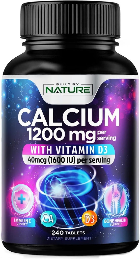 Calcium 1200mg med D3- vitamin til bedste absorption - Avanceret knoglentilskud, 1200 mg calciumcarbonat & 1600 IE D3- vitamin, langsom frigivelse til immunforsvar, let at synke, 240 tabletter