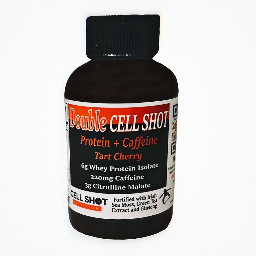 Tart Cherry Punch - 4 Pack - Protein + Koffein - Dobbelt Cell Shot - BCAA med Koffein, Nootropics, Cacao, Sea Moss, Ginseng, Whey - Wake- Up og Fokus