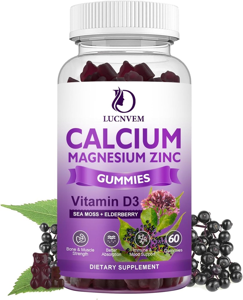 Sugar Free Calcium Magnesium Zinkgummier med Elderberry og Sea Moss, Calcium Magnesium 2: 1, Magnesium Glycinat, Kalium og D3- vitamin til knogler, Muskler, Calm Mood & Sleep Support, 60 Gummies