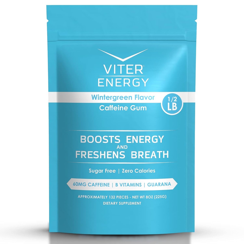 Viter Energy Coffeined Gum 60mg Koffein, B Vitamin, Guarana, Sugar Free. (Wintergreen, 8oz, Bulk Bag)