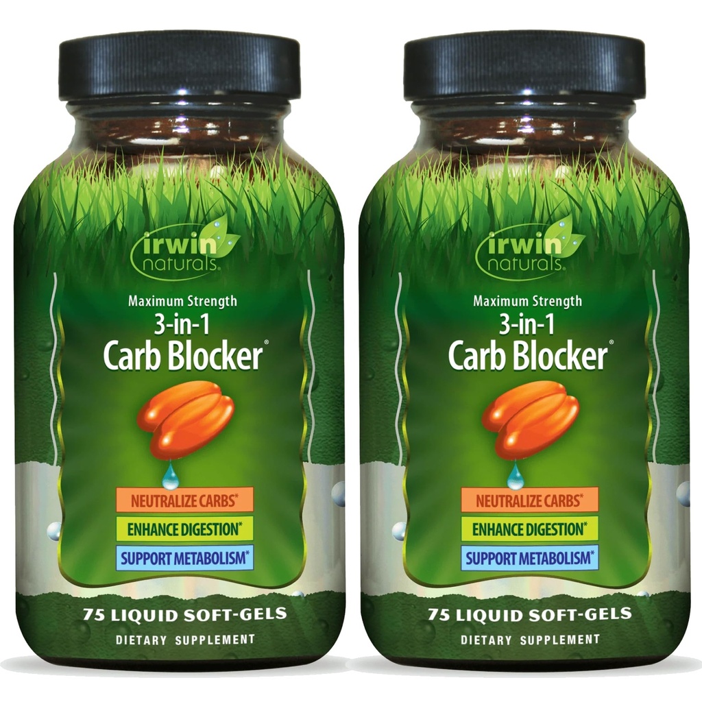 Irwin Naturals Maximum Strength 3-in-1 Carb Blocker - Neutralize Carbohydrates, Aids Digestion and Metabolism Booster - White Kidney Bean Extract + Chromium + Enzyme Blend - 75 Soft-Gels - 2 Pack