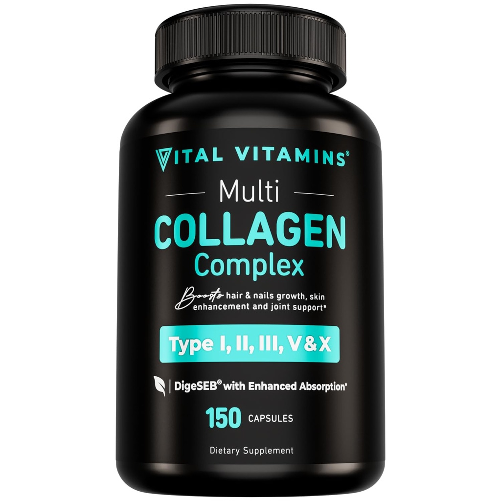 Vital Vitaminer Multi Collagen for kvinder & mænd - Type I, II, III, V, X - Græs Fed, Non- GMO - 150 kapsler