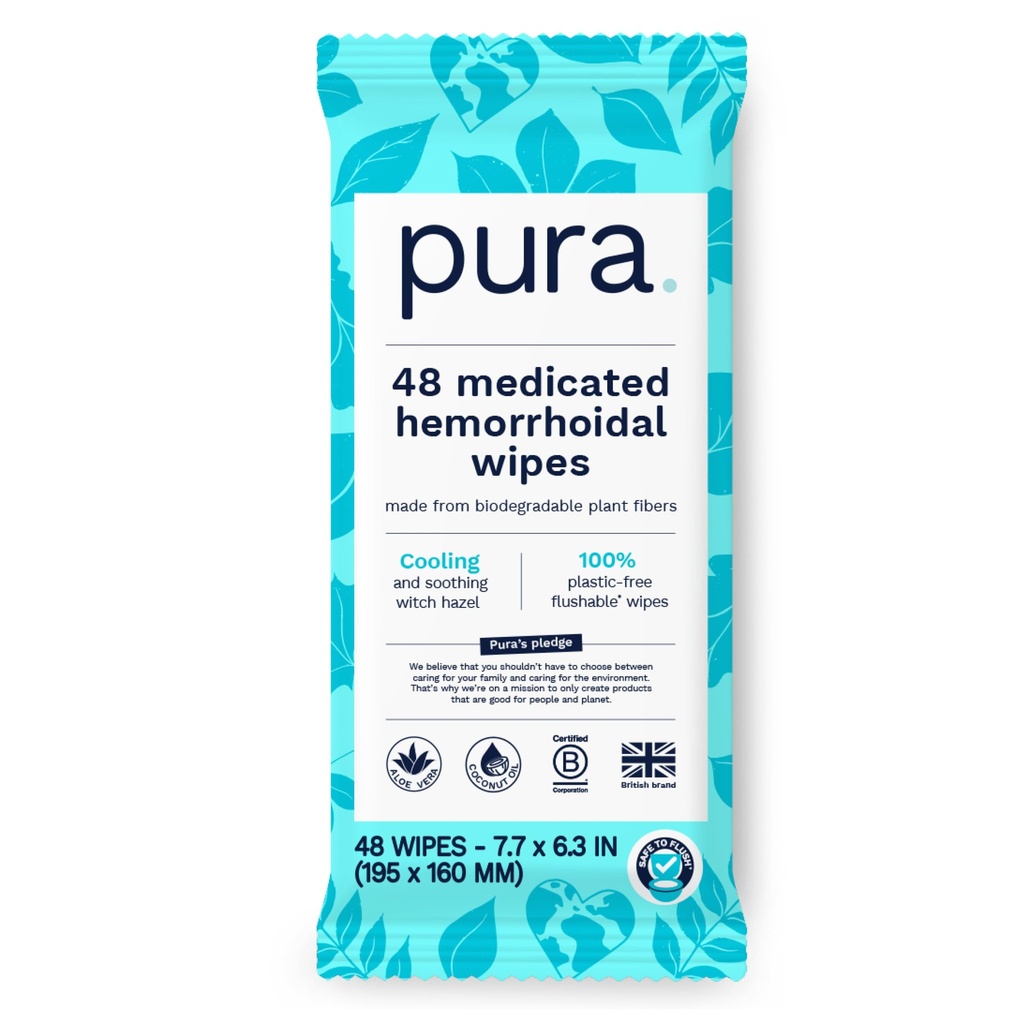Pura Flushable Hæmorroide Wipes XL, 48 Greve, Medicin med kølende heks Hazel, Aloe & Kokosolie, Fast Relief, Fragrance- Free, 100% Plastic- Free