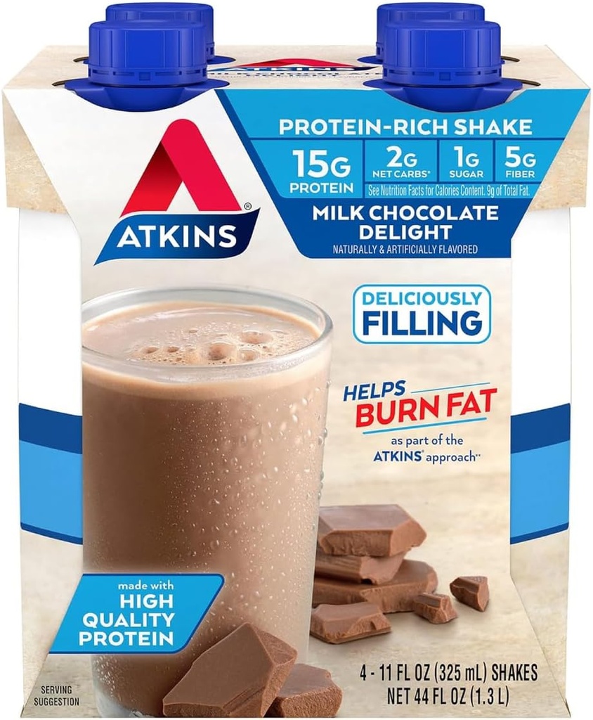 Atkins Milk Chocolate Delight Protein Shake, 15g Protein, Low Glycemic, 2g Net Carb, 1g Sukker, Keto Friendly, 4 Greve