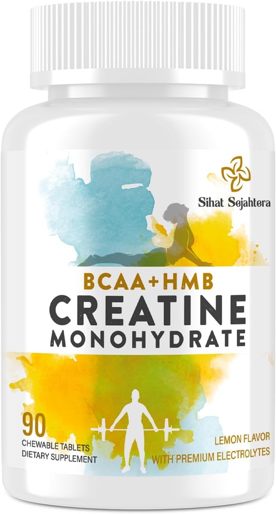 8- 1- Creatinmonohydrat med BCAA & HMB, 5000 mg for mænd og kvinder, Creatinin Chews for Muscle, Recovery, Endurance & Strength, High Absorption, Lemon Flavor, Sugar- Free, 90 tabletter