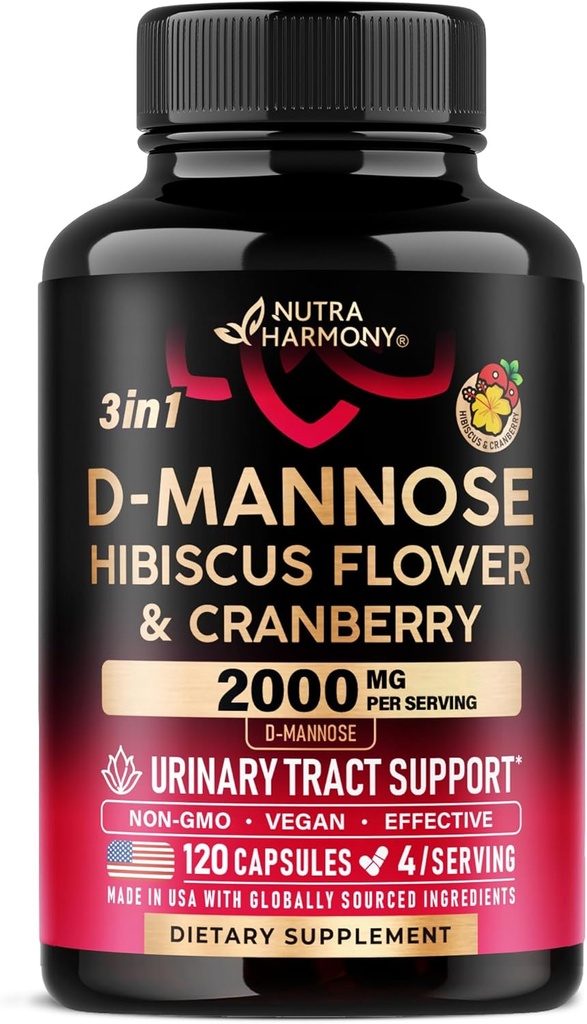 D- Mannose 2000mg med Cranberry & Hibiscus - Klinisk testet styrke for urinveje sundhed - supplement til kvinder - Bstige, lever & mikroflora support - Made in USA - Vegan, 120 kapsler