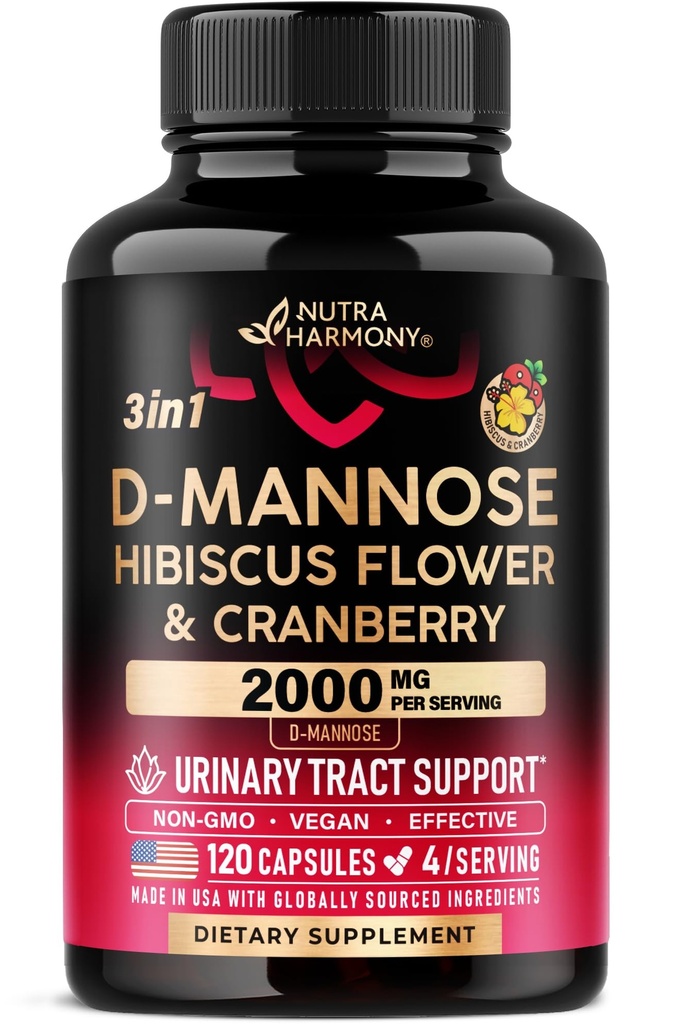D- Mannose 2000mg med Cranberry & Hibiscus - Klinisk testet styrke for urinveje sundhed - supplement til kvinder - Bstige, lever & mikroflora support - Made in USA - Vegan, 120 kapsler
