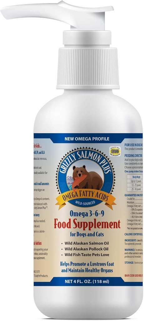 Grizzly Salmon Oil Cat Food Supplement Omega 3 Fedtsyrer, 4 oz