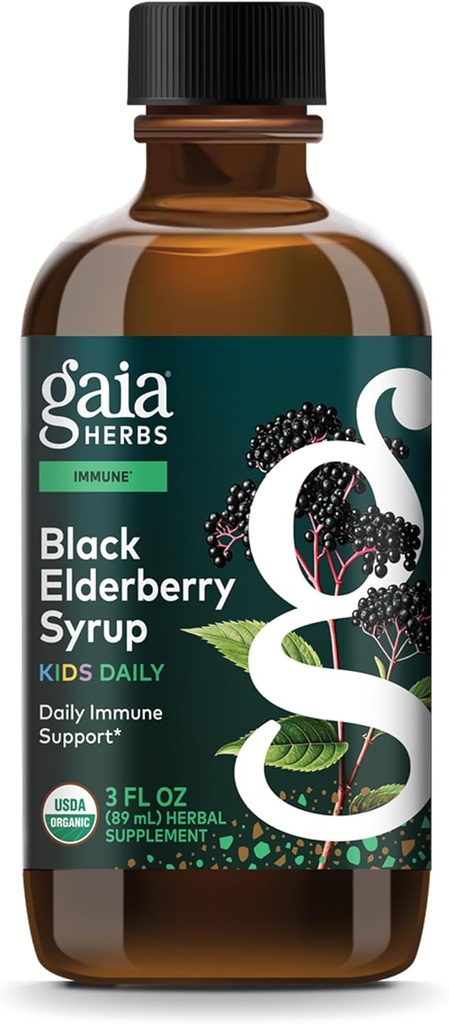 Gaia Herbs GaiaKids Black Elderberry Syrup - lækker immunsupport til børn - med økologiske sorte hyldebær og honning - USDA Certified - 3 Fl Oz