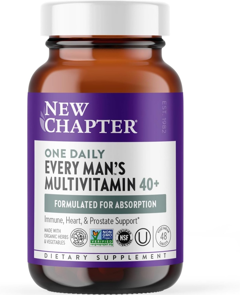 Nyt kapitel Mænds Multivitamin 40 Plus til energi, hjerte, prostata + immunforsvar med fermenterede næringsstoffer - Hver mands én daglig 40 +, Lavet med økologiske grøntsager & urter, Non- GMO - 48 ct