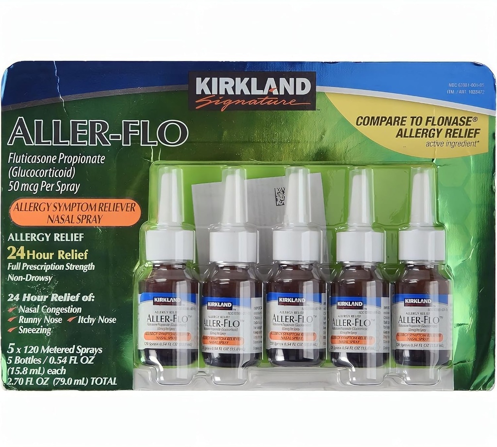 KIRKLAND Signature Aller- Flo Fluticasonpropionat (Glucorticoid) 5 Flasker x 120 Målte sprays 0,54 Fl OZ pr. flaske (15,8 ml x 5) 2,70 OZ I alt (79 ml Total) 600 Total sprays Total, 1- Pack