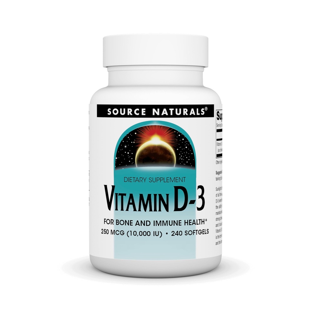 Source Naturals Vitamin D-3, Understøtter Bone & immunforsvar *, 250 mcg (10. 000 IE) - 240 Softgels