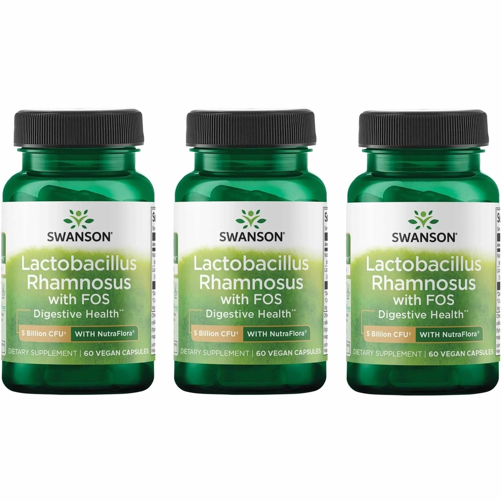 Swanson Lactobacillus Rhamnosus med FOS - Probiotisk supplement understøtter fordøjelsessygdomme - 5 milliarder CFU - fremmer GI Tract sundhed under rejser - (60 Veggie Caps) 3 Pack