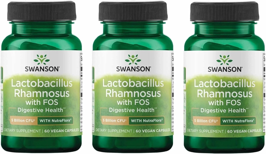 Swanson Lactobacillus Rhamnosus med FOS - Probiotisk supplement understøtter fordøjelsessygdomme - 5 milliarder CFU - fremmer GI Tract sundhed under rejser - (60 Veggie Caps) 3 Pack