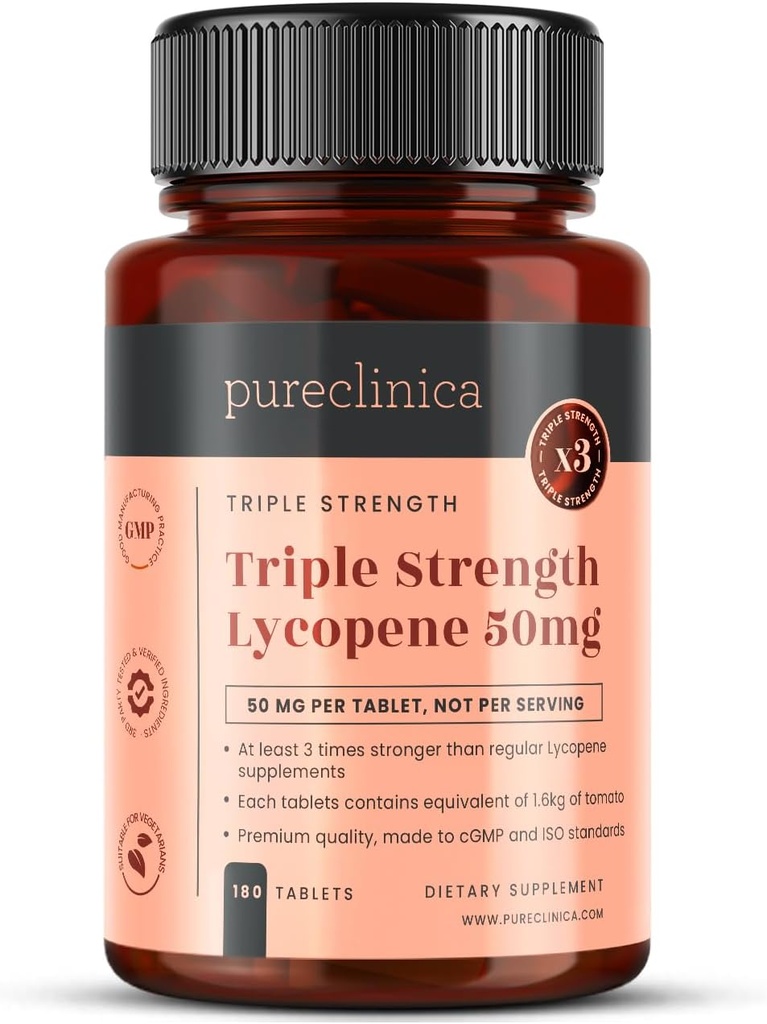 pureclinica Lycopene 50 mg x 180 tabletter (6 måneder Tilgang). 300% Styrke af regelmæssige Lycopene tabletter