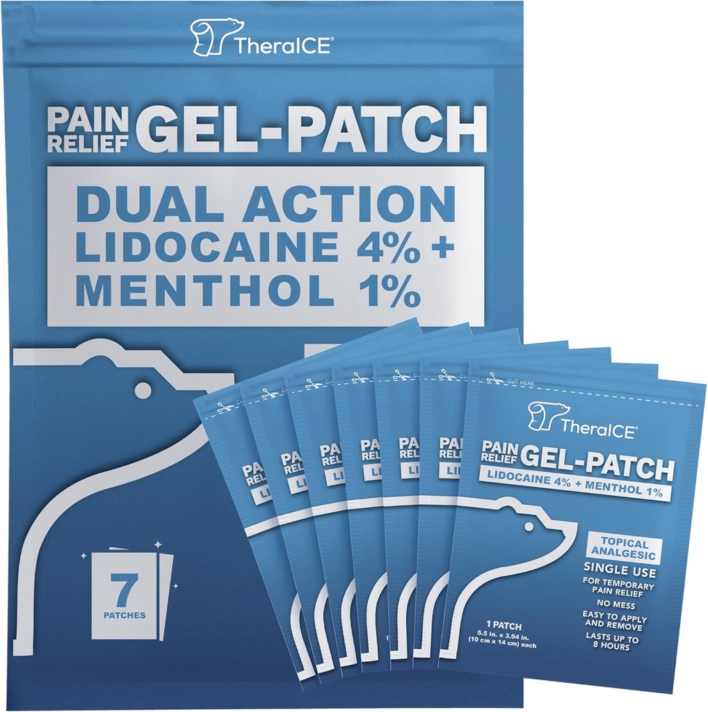 Theraice Lidocain Patches Plus Menthol - Maksimal styrke Hot & ICY Cold Relief for Back, Hals & Skulder Pain - 4% Lidocain + 1% Menthol, Stor Størrelse (7 Greve)
