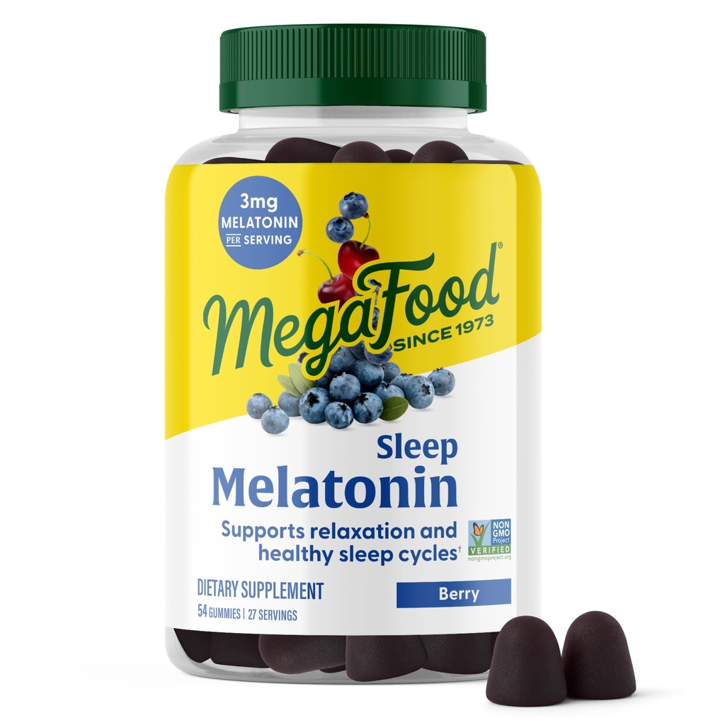 MegaFood Melatonin Gummies - Melatonin 3mg per Serving to Help Relax & Fall Asleep – Sleep Gummies for Adults - Berry Flavor, Non-GMO, Certified Vegan - 54 Count (27 Servings)