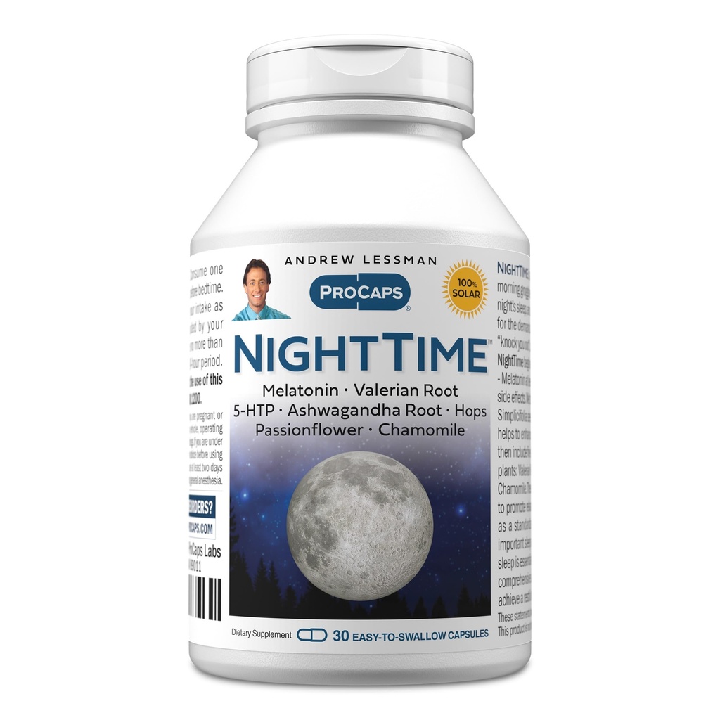 ANDREW LESSMAN Night Time 30 Capsules - 3mg Melatonin, Valerian, Ashwagandha, Passionflower, Hops, Chamomile. No Morning Grogginess. Natural Support, Gentle Restful Sleep. Easy to Swallow Capsules