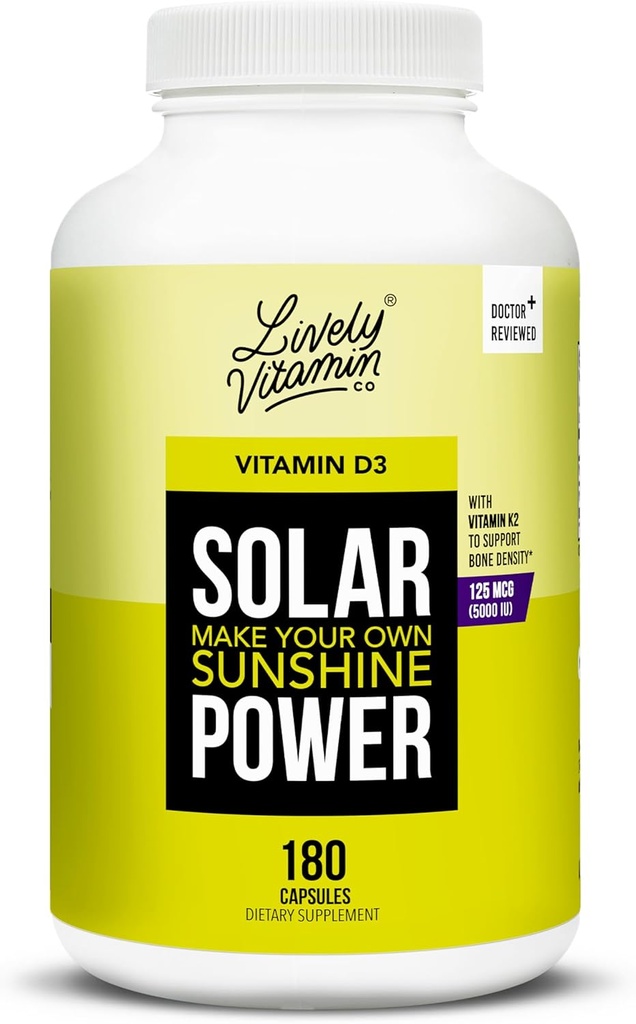 LIVELY VITAMIN CO. Solar Power Vitamin D3 5000 iu - Patenteret vitamin K - MK7 - Immunbalance - Brain Function - Mood - Heart - Stress - 180 Count