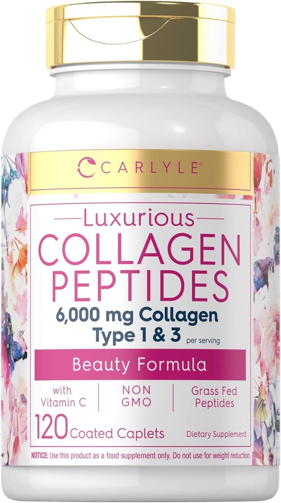 Carlyle Collagen with Vitamin C | 6000mg | 120 Caplets | Multi Collagen Peptide Pills | Type 1 and 3 | Non-GMO, Gluten Free, Grass Fed