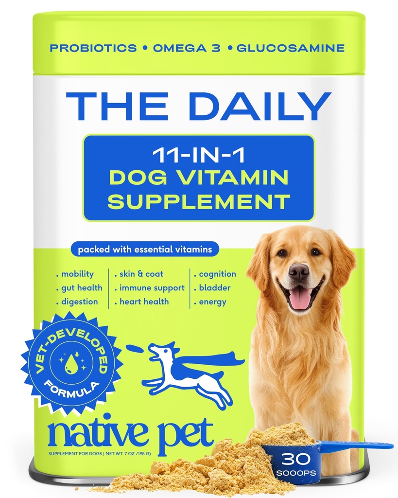 Indfødt kæledyr hund vitaminer & kosttilskud - 11-in-1 Multivitamin pulver til hunde fødevarer Topper - Collagen, Glucosamin, Probiotika, Omega & More- Understøtter sund Gut, Mobilitet & Samlet Sundhed -30 Scoops