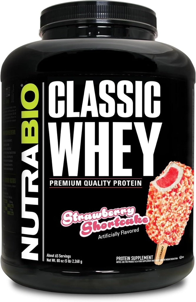 NutraBio Classic Whey Protein Powder - Ingen Fillers, Kunstige Farver, Konserveringsmidler - Lav Glycemisk Indeks - Jordbær Shortcake, 5 Pounds