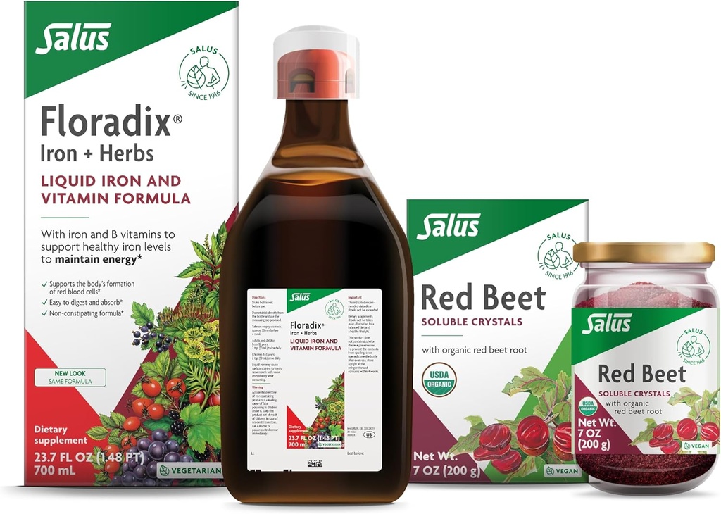 Floradix Iron & Herbs (23,7 oz) & Salus Red Beet krystaller (7 oz) - Jern supplement til sund energistøtte * & Økologisk næringsværdi Beet Root Drink Mix