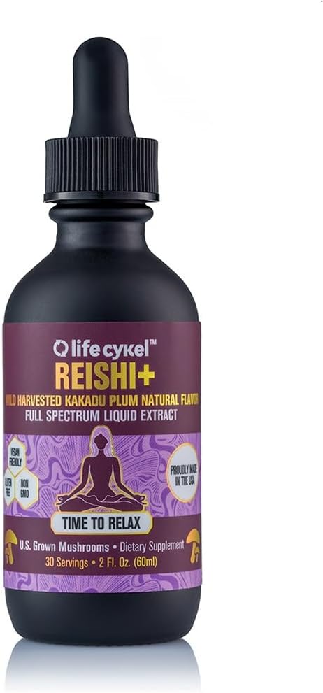 Life Cykel - Reishi Mushroom Extract w / Kakadu Plum- Adaptogen til søvn hjælp, afslapning & Cellular Support - 100% Organic Mushrooms, Antioxidants Vitamin C, 2oz (Packaging May Vary)