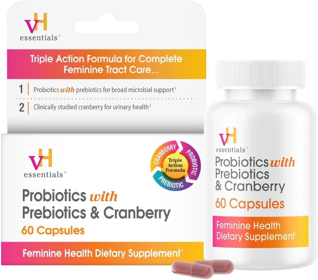 vH Essentials Probiotics for Women with Prebiotics, Cranberry & Vitamin C - 60 Capsules (30 Day Supply) - Women's Probiotics Support Gut Balance, Feminine Health & Urinary Tract Health for Women