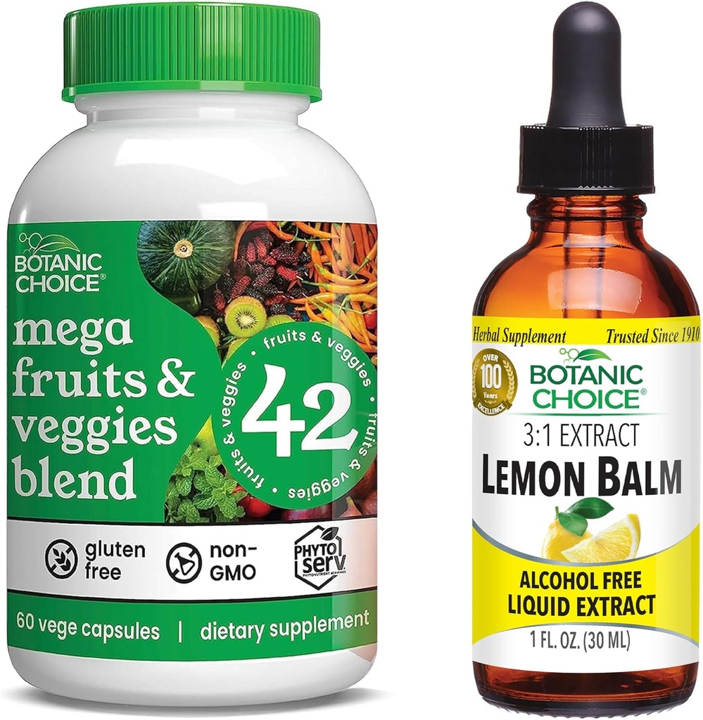 Botanic Choice Mega Fruits and Veggies Blend (60 kapsler) + Lemon Balm Tincture (1 fl oz) Bundle - Energy Balance & Superfood supplement + afslapning og søvn support