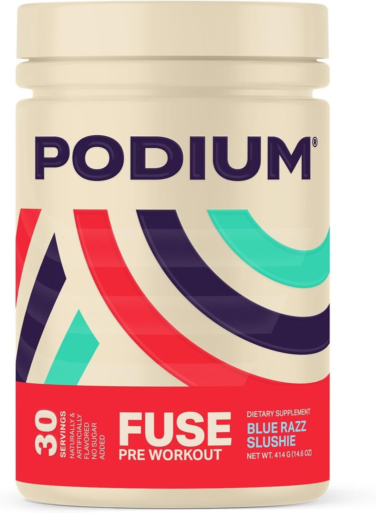 Podium Nutrition, Fuse Pre Workout Powder, Blue Razz Slushie, 30 Servering, Beta Alanine og koffein til energi, Gluten Free, Soy Free, Dairy Free