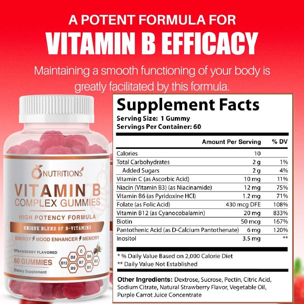 O NUTRITIONS B-vitamin Complex Vegan Gummies med vitamin B12, B7 som biotin, B6, B3 som Niacin, B5, B6, B8, B9 som folat for stress, energi og sund immunforsvar (1 pakke)