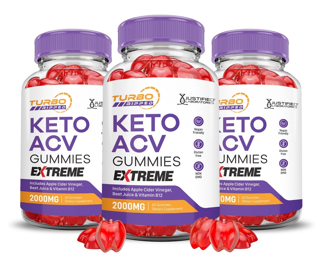 (3 Pack) Turbo Ripped Keto ACV Gummies Extreme 2000MG Turbo Ripped Keto Gummies Apple Cider Vinticaria Formuleret med Pomegranate Beet Juice Powder B12 Vegan Non GMO 180 Gummys