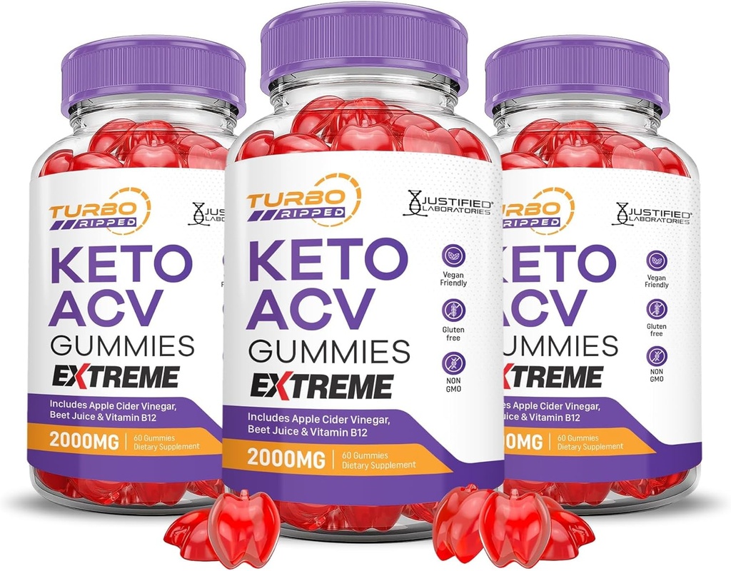 Justified Laboratories (3 Pack Tubo Ripped Keto ACV Gummies Extreme 2000MG Tubo Ripped Keto Gummies Apple Cider Vinagar Formuleret med Pomegranate Beet Juice Powder B12 Vegan Non GMO 180 Gummys