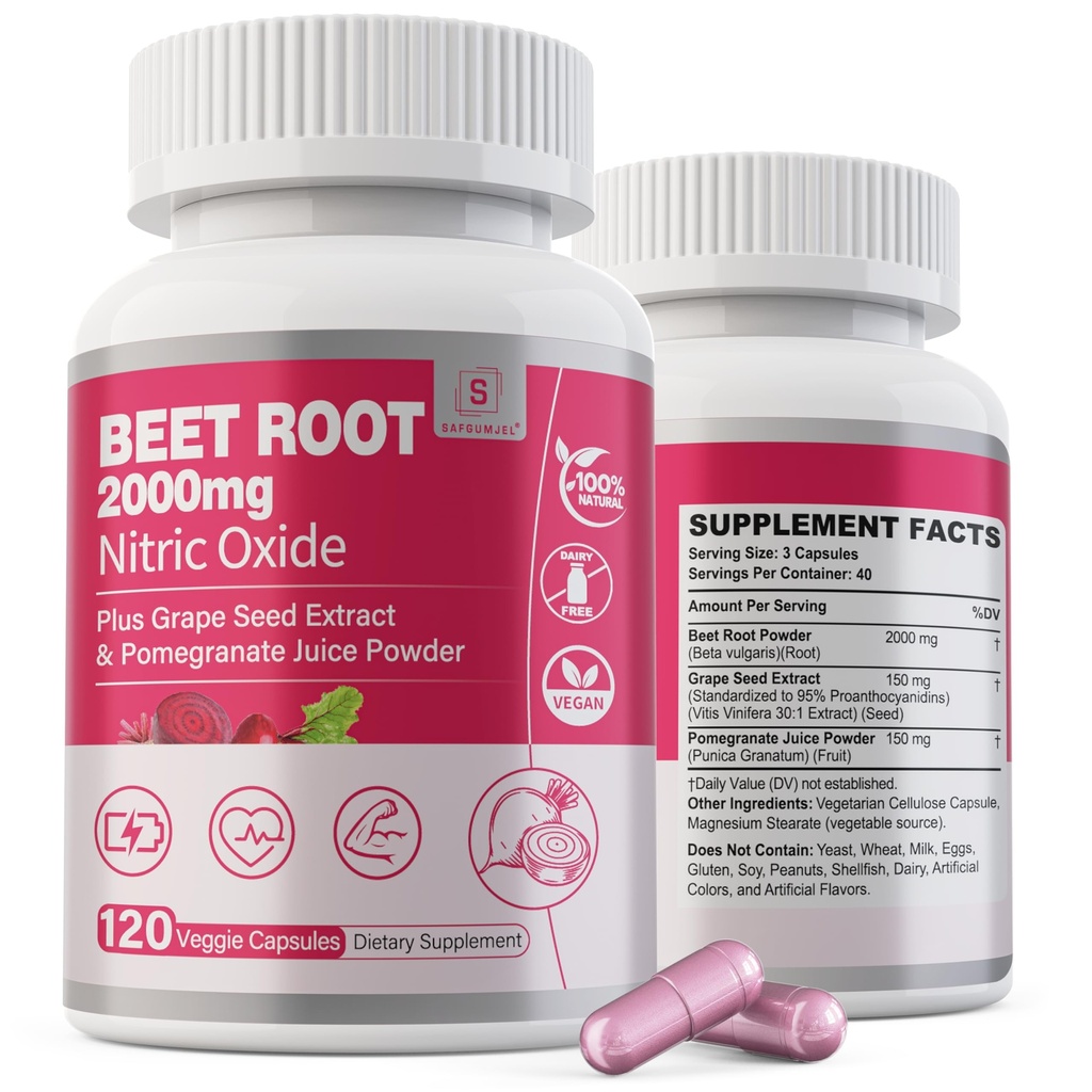 Beet Root Capsules 2000mg Nitrogen Oxide Kosttilskud w / Grape Seed Extract, Pomegranate Extract understøtter cirkulering & blodgennemstrømning, energi til mænd / kvinder, Organic Beetroot Powder, Ikke GMO, 240 Counts