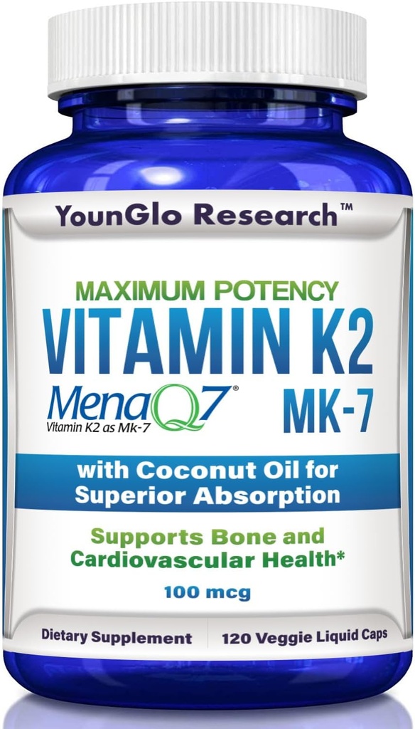 Vitamin K2 MK7 (MenaQ7) 100 mcg w / Kokosolie til Superior Absorption, Kosttilskud, 120 Veganske flydende kapsler til støtte Knoglenæthed og densitet for voksne kvinder og mænd