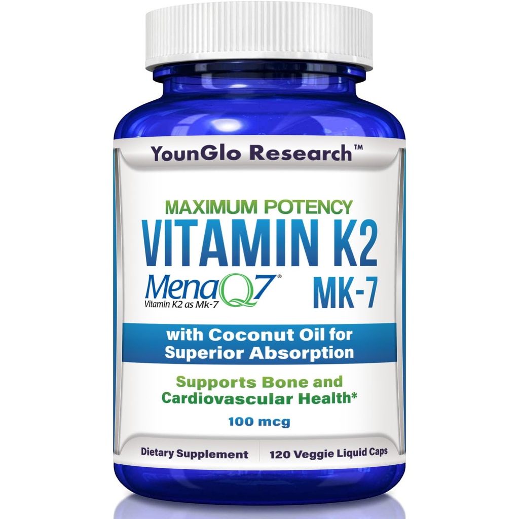 Vitamin K2 MK7 (MenaQ7) 100 mcg w / Kokosolie til Superior Absorption, Kosttilskud, 120 Veganske flydende kapsler til støtte Knoglenæthed og densitet for voksne kvinder og mænd