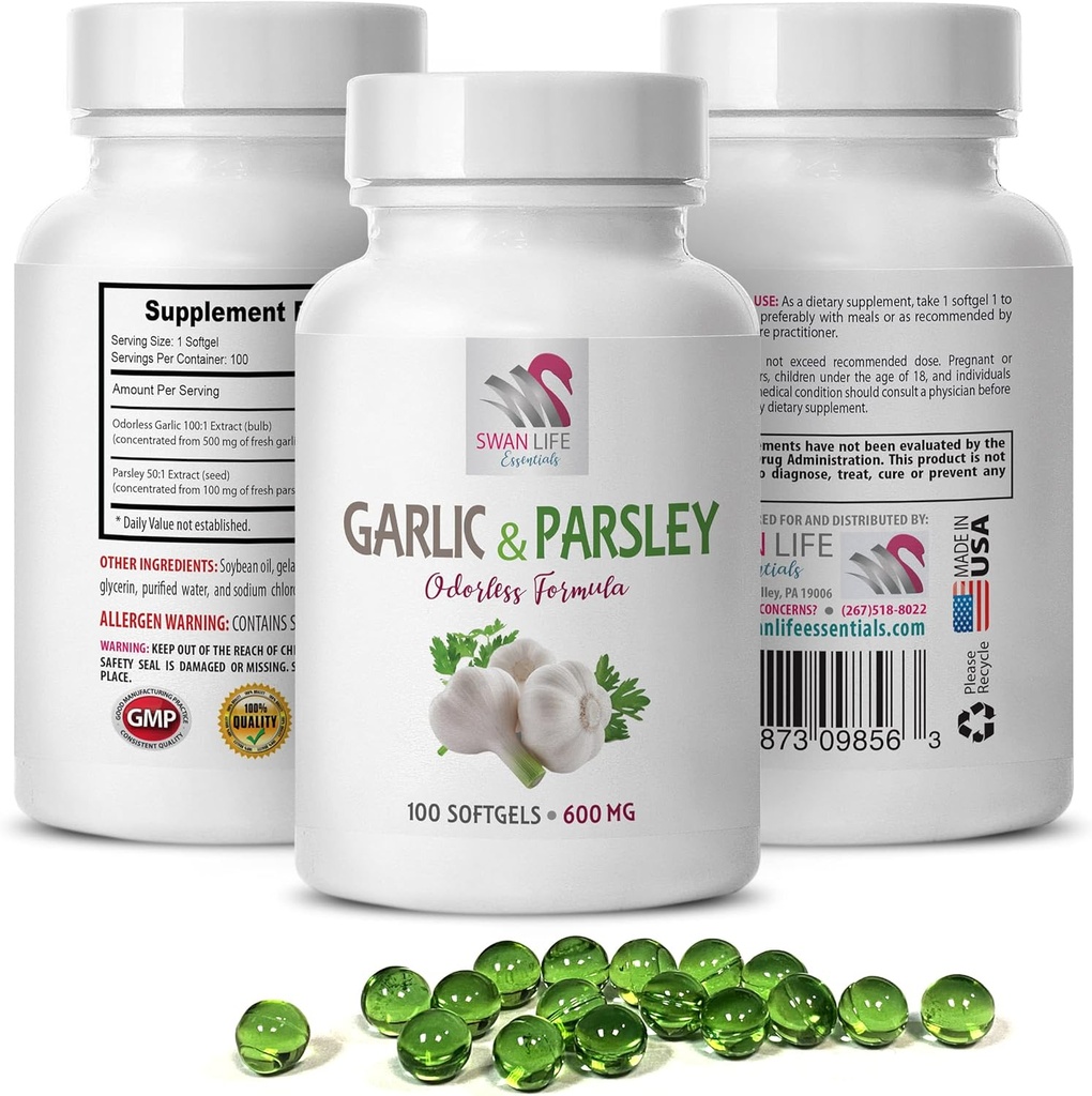 anti-oxidant supplements - GARLIC AND PARSLEY ODORLESS FORMULA - garlic supplements, garlic and parsley supplements, parsley supplements, odorless garlic supplements, parsley - 1B 100 Softgels