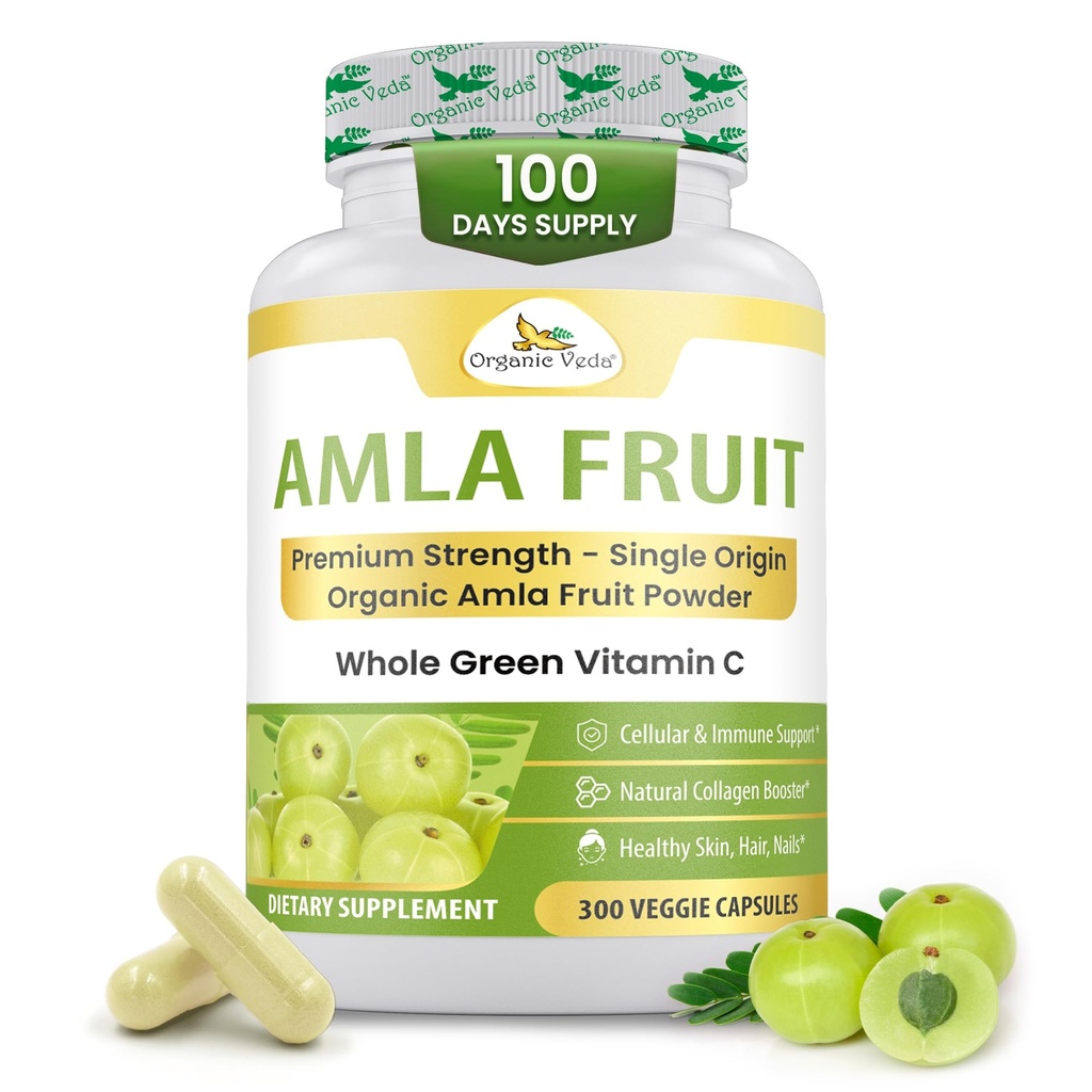 Organic Veda Amla Kapsler - 1500mg, 300 Kapsler Organic Hel frugt Amla Pulver - Natural Vitamin C for Immunitet, hudstråling, Antioxidanter - Vegan, Ikke GMO, Raw Vitamin C kosttilskud