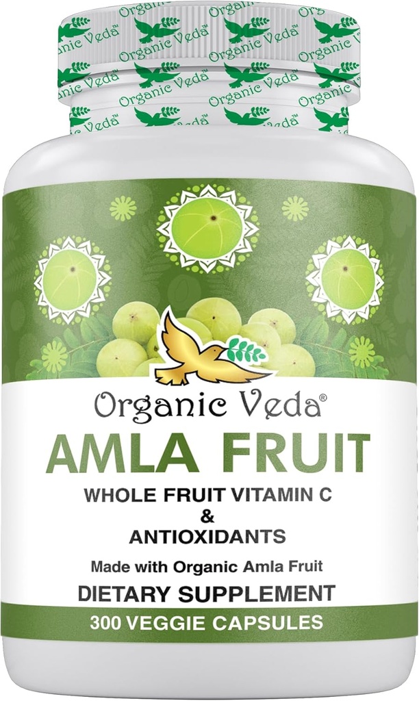 Organic Veda Amla Kapsler - 1500mg, 300 Kapsler Organic Hel frugt Amla Pulver - Natural Vitamin C for Immunitet, hudstråling, Antioxidanter - Vegan, Ikke GMO, Raw Vitamin C kosttilskud