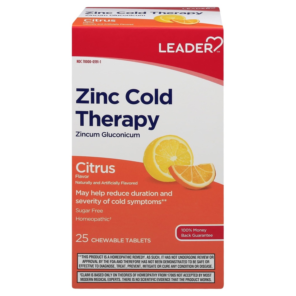 LEADER Zink kold terapi tyggetabletter, non-drowsy homøopatisk zink supplement, reducerer varighed og sværhedsgrad af kolde symptomer, hurtig fungerende kold remey, Citrus flavor, sukker fri, 25 Greve