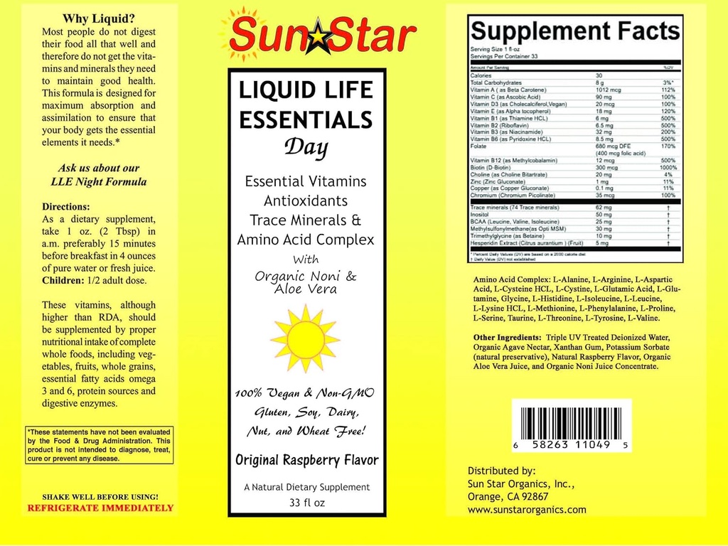 Flydende dag Multivitamin med Noni & Aloe Vera, sødet med Agave Nectar, 33 fl oz - Essential A, B, C, E & D Vitamin, Antioxidanter, Spormineraler & Aminosyre Complex