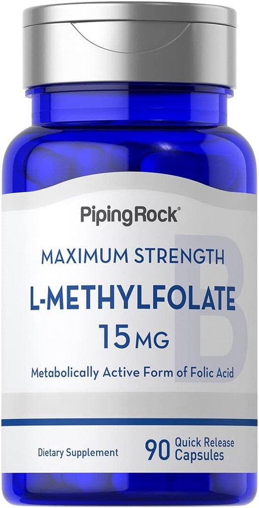 Piping Rock L Methylfolat 15 mg 10 mg 12 4; 90 Kapsler 12 4; Max Potency 12 4; Active folinsyre Supplement 12 4; Non- GMO, Gluten Free