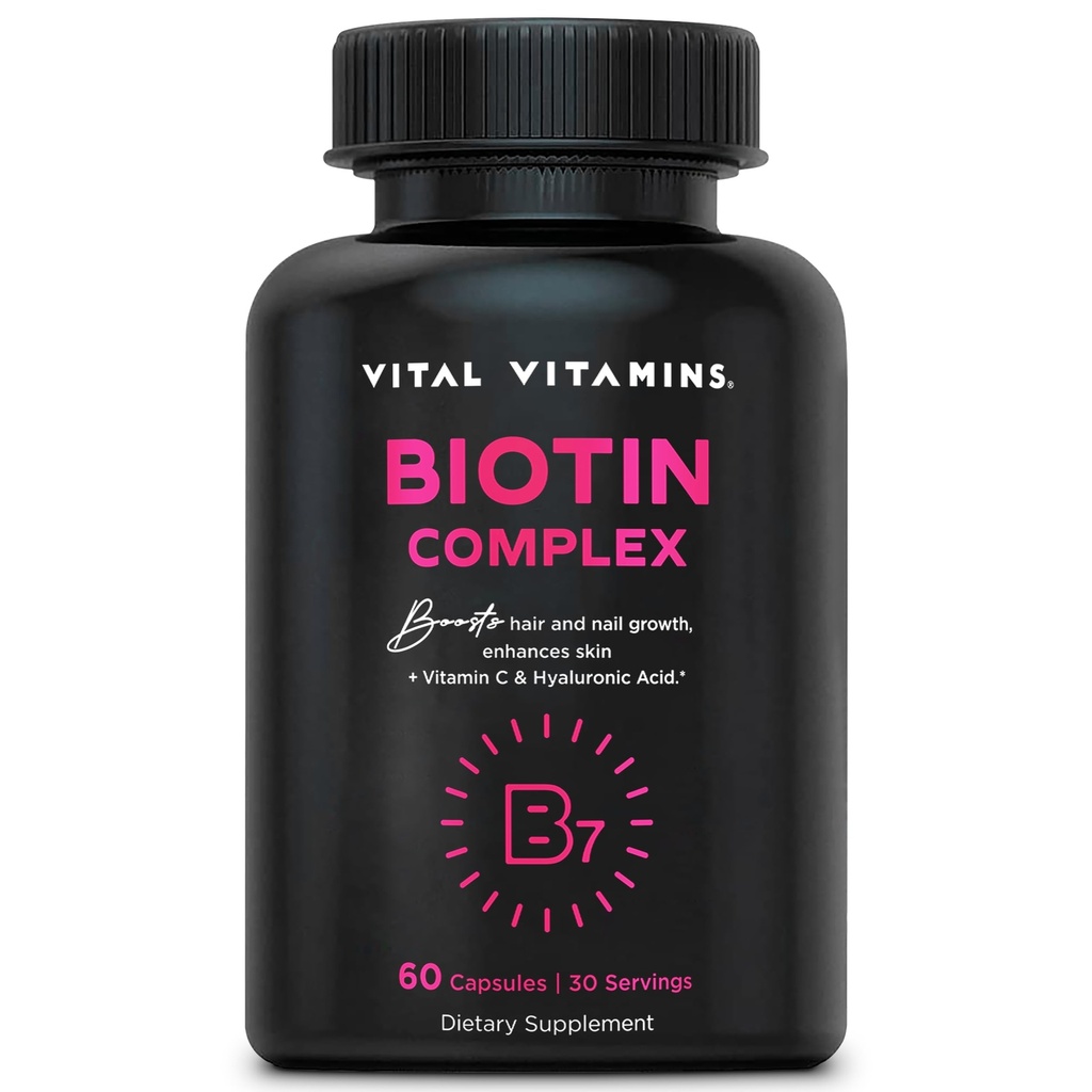 Vitale vitaminer Biotin Complex piller - med Hyaluronsyre, MSM, Collagen, & C-vitamin - supplement til hår, hud, og negle - 60 kapsler