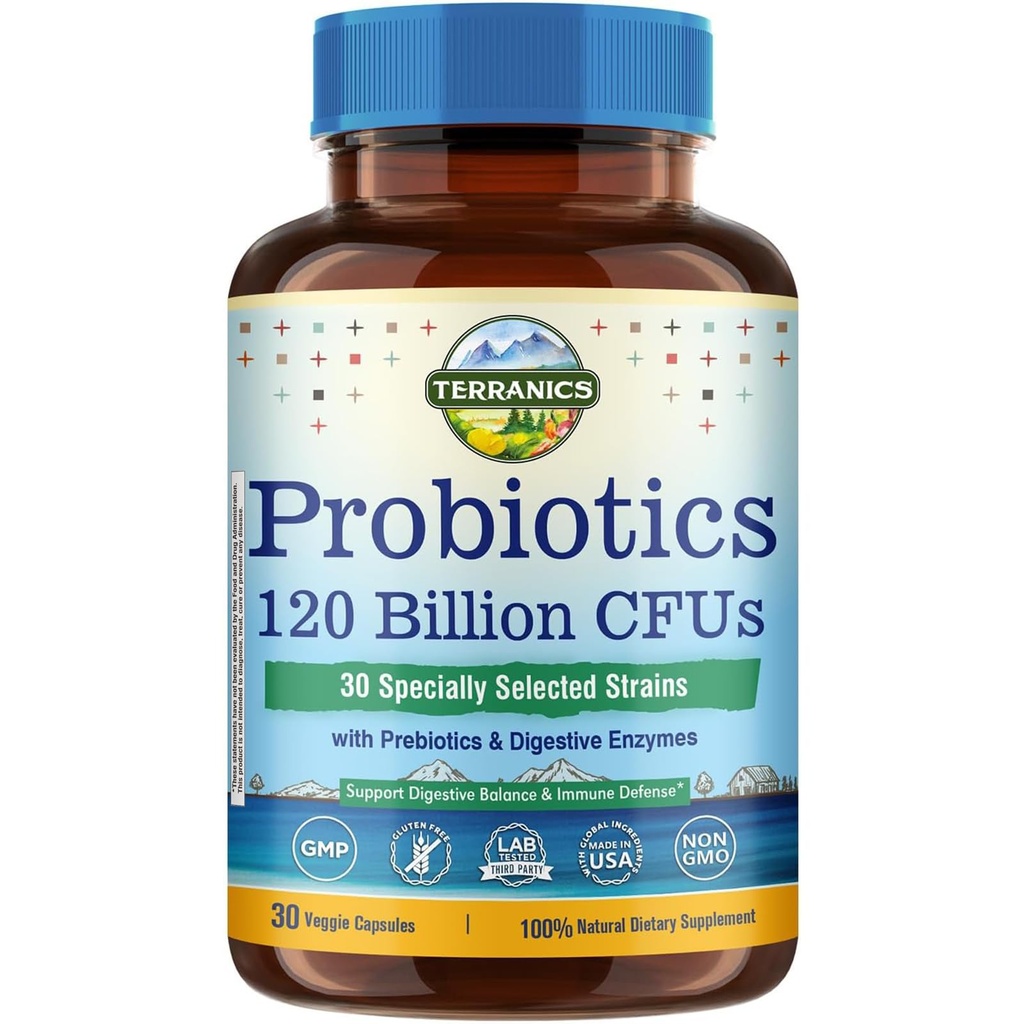 Terranics Probiotika 120 Millioner med Prebiotika & fordøjelsesenzymer, 30 Testede Strops, Komplet fordøjelse & immunforsvar, Non- GMO, NO Soy, Dairy & Gluten, for mænd og kvinder, 30 Veggie kapsler