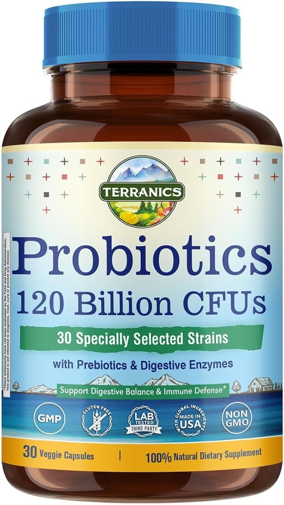 Terranics Probiotika 120 Millioner med Prebiotika & fordøjelsesenzymer, 30 Testede Strops, Komplet fordøjelse & immunforsvar, Non- GMO, NO Soy, Dairy & Gluten, for mænd og kvinder, 30 Veggie kapsler