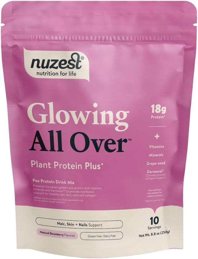 Nuzest Protein Plus 124; glødende alle over; Jordbærsaft 124; Støtte til sundt hår, hud, negle og kollagen produktion ekskl. 124; Vitaminer og mineraler; 8.8oz / 250g (10 Servering)