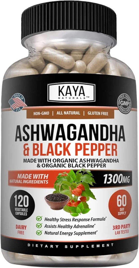 Kaya Naturals Ashwagandha 1300mg, 120 Count Capsules for Stress Relief, Adrenal, Mood & Thyroid Support, Black Pepper og 100% Pure Ashwagandha -120 Capsules