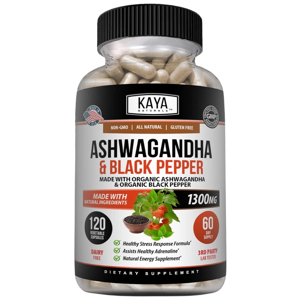Kaya Naturals Ashwagandha 1300mg, 120 Count Capsules for Stress Relief, Adrenal, Mood & Thyroid Support, Black Pepper og 100% Pure Ashwagandha -120 Capsules